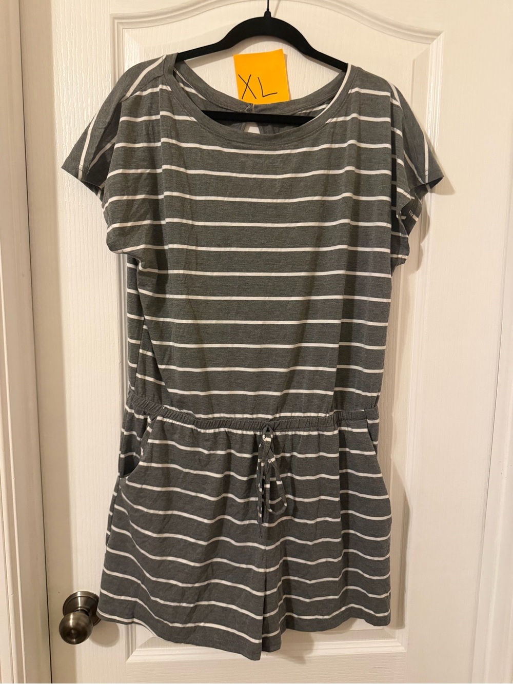 Striped Gray Short-Sleeve Drawstring Waist Dress